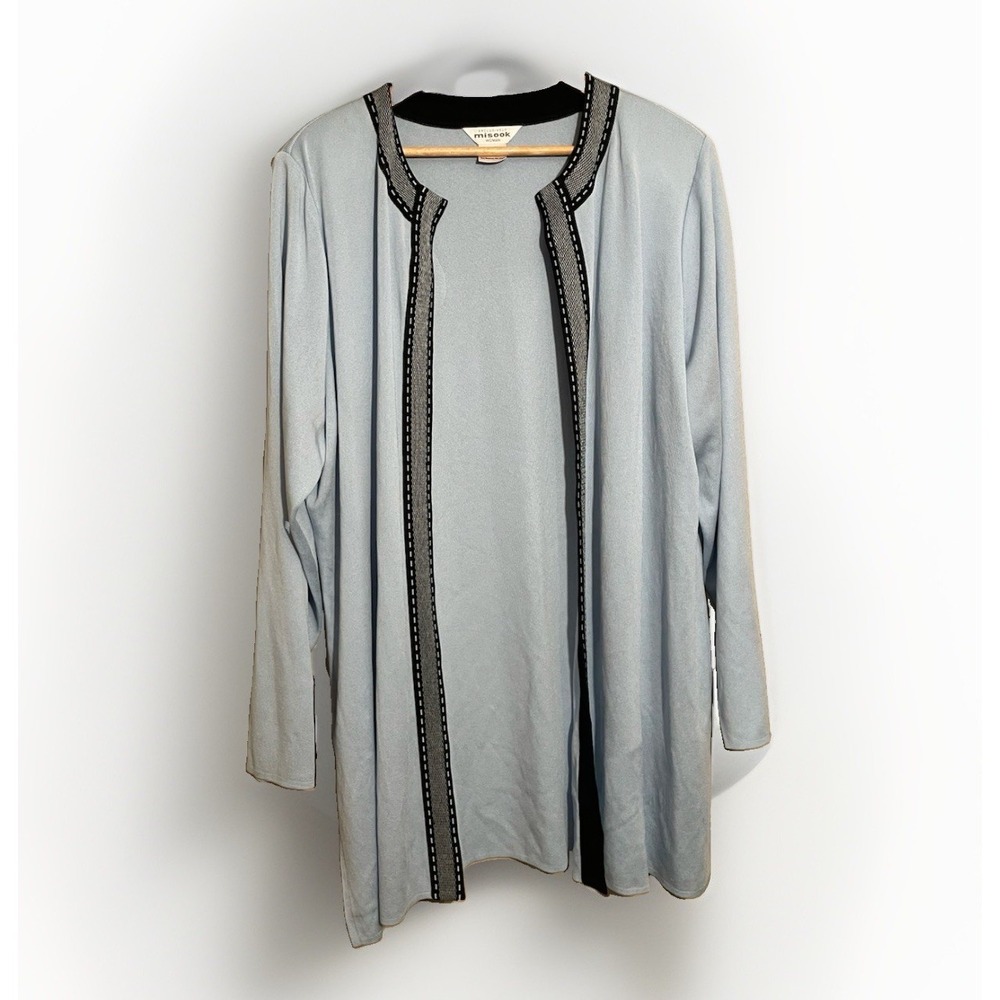 Exclusively Misook Cardigan Womens Plus 2X Light Blue Black Knit Open Front